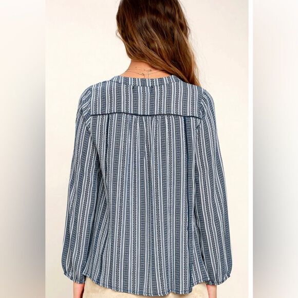 Lulus Sandy Shore Navy Blue Print Long Sleeve Top - Picture 5 of 11